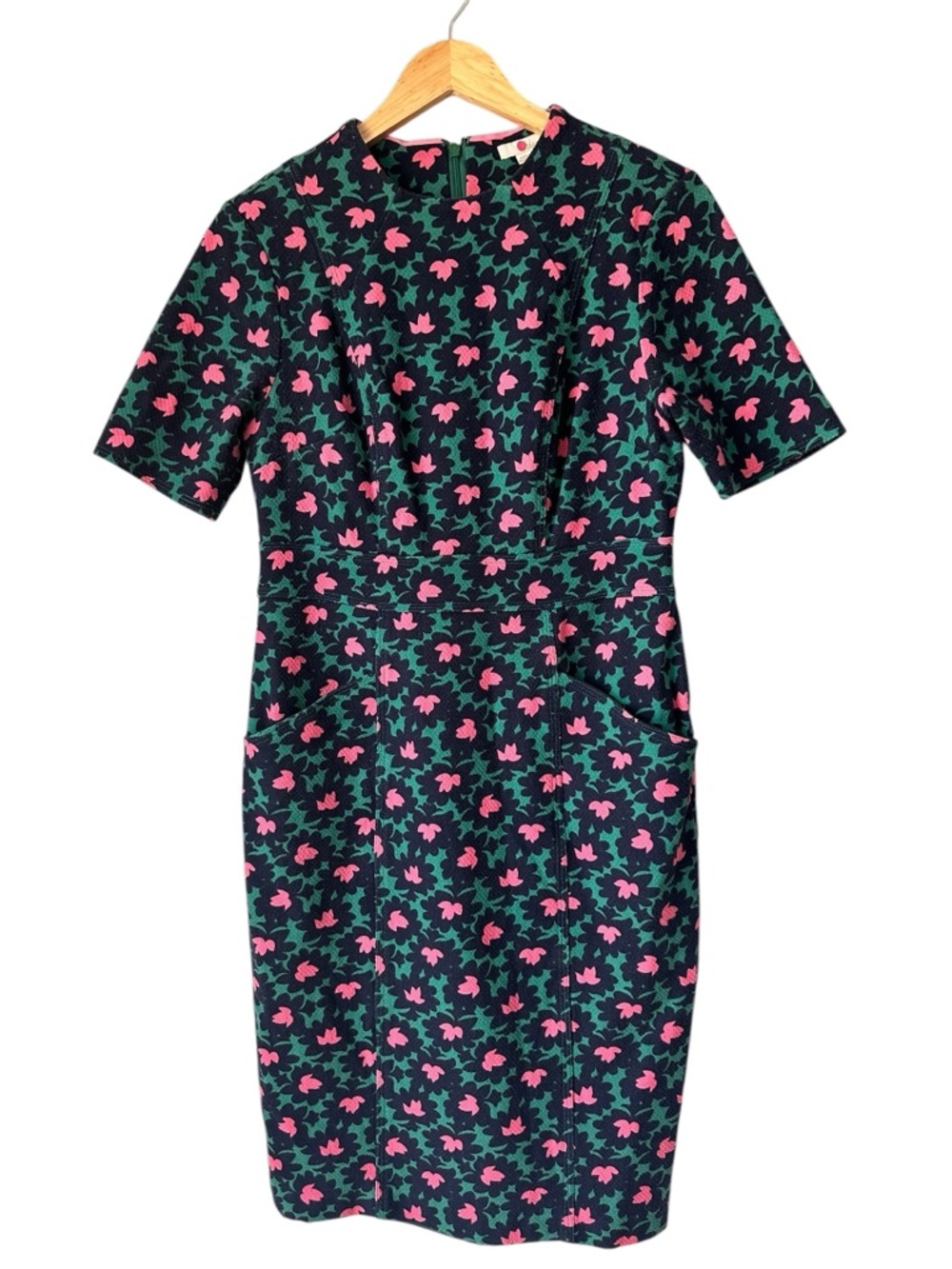 Boden Navy Midi Dress with Pink Floral Pattern, Size 8